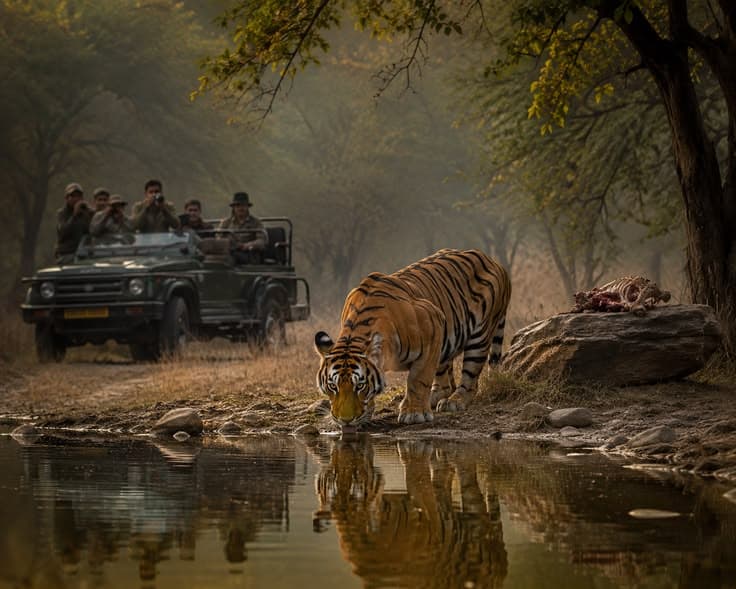 A tiger drinks at a waterhole as guests watch from a Gypsy